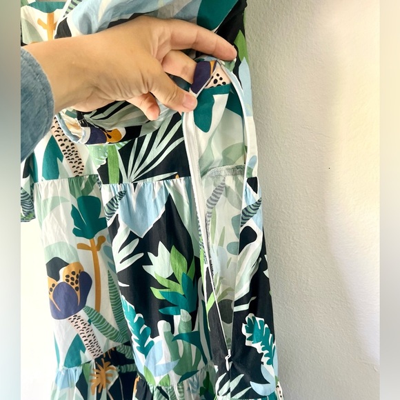 Oliphant Bubble Hem Tropical Leaf Print Puff Sleeve Cotton Mini Dress Medium - Picture 4 of 11
